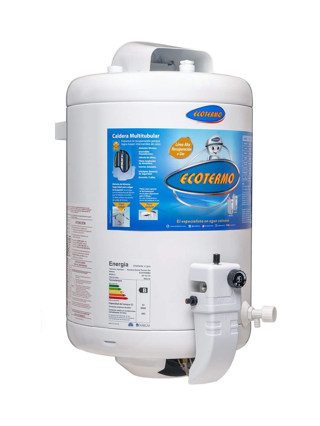 Termotanque Ecortermo Alta Recup Gas Natural 53 Lts Carga Sup